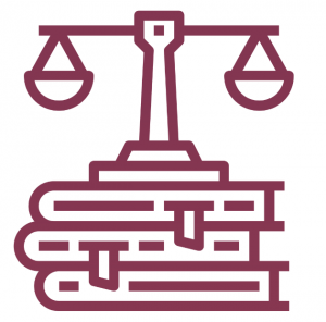 Graphic of burgundy justice scales on stick of books