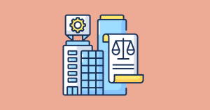 A graphic on peach background symbolizing law firms (buildings, scales of justice)