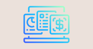 Blue outline graphic of desktop computer with files laid over top (including dollar sign)