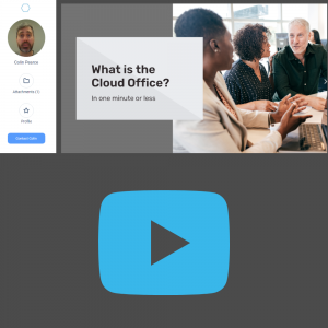 Image of people at board table and a blue play video button