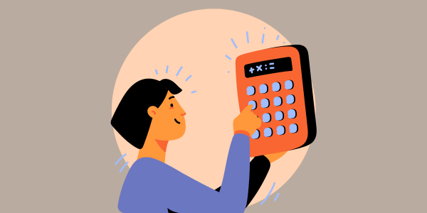 On blog post about IT cost, person with black hair typing on calculator on grey background