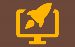 Graphic of yellow rocket taking off from computer on brown background, symbolizing virtual desktops