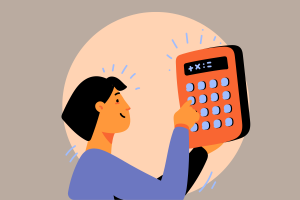 On blog post about IT cost, person with black hair typing on calculator on grey background