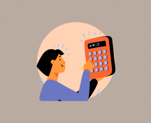 On blog post about IT costs, person with black hair typing on calculator on grey background