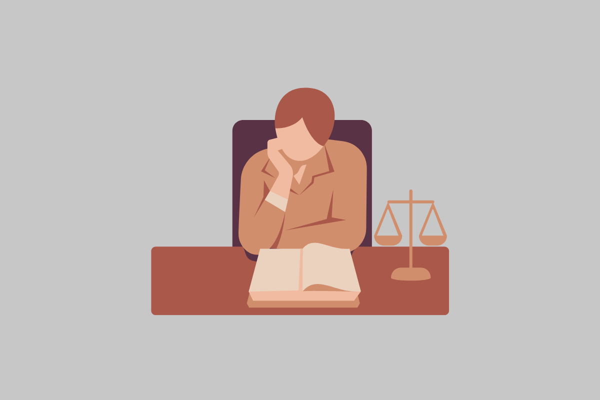 Graphic of lawyer sitting at desk reading book on purple background, representing mid-size law firms and cloud technology