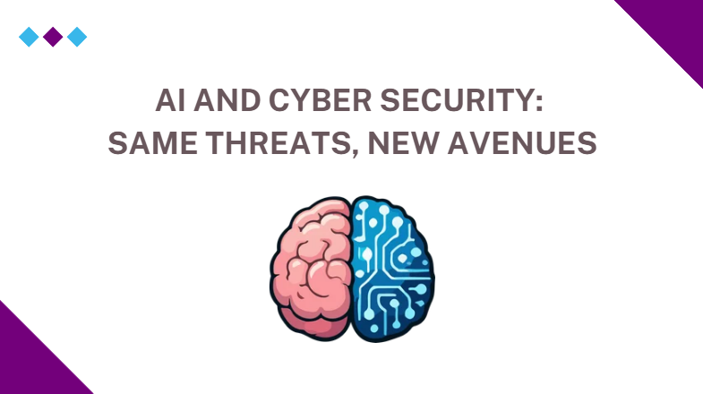 AI and cyber security thumbnail with graphic image of human brain - half blue, half pink